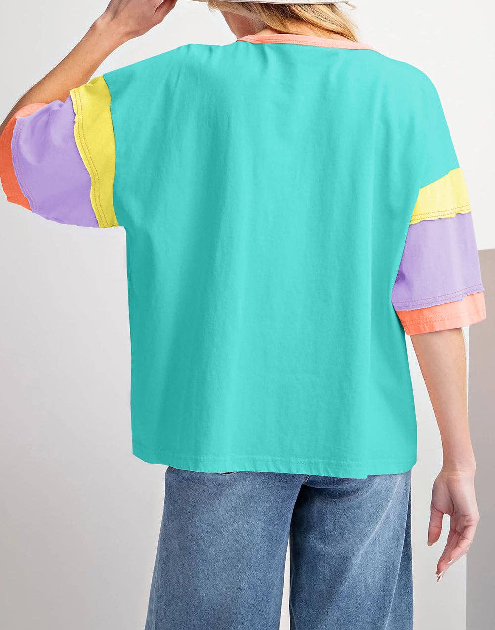 Color Block Stitching Sleeve Round Neck Oversize Top