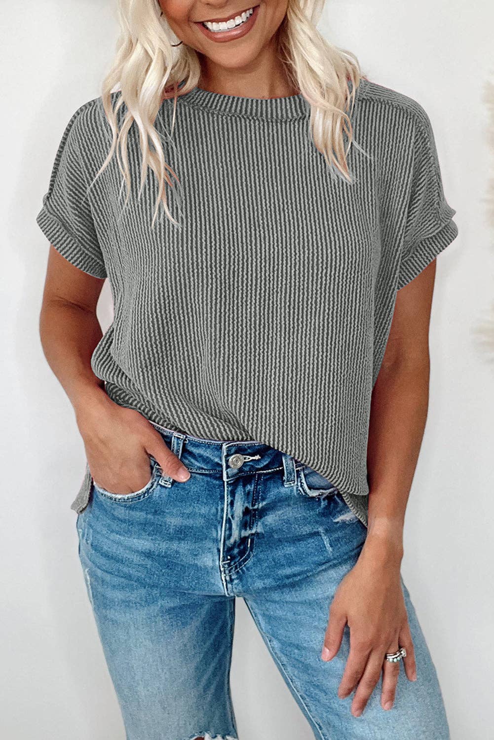 Textured Knit Exposed Stitching T-shirt