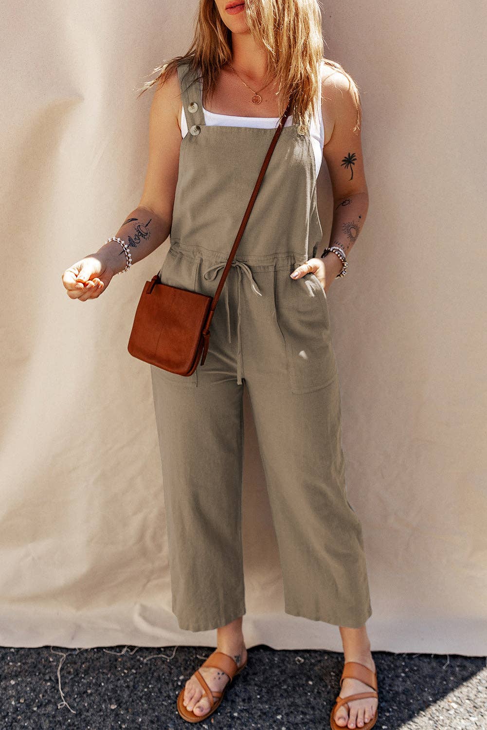 Drawstring Buttoned Straps Cropped Overall